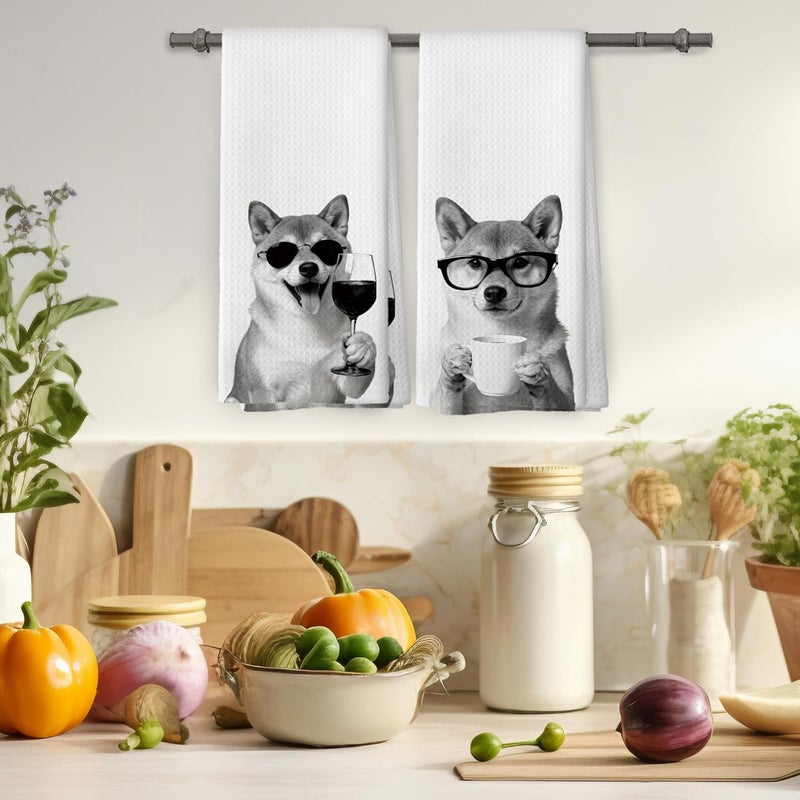 Mcehtle Funny Shiba Inu Kitchen Towels Set of 2, Funny Dog Kitchen Accessories, Coffee Wine Station Decor, Chef Gift Hand Towel, Dining Room Decorative Tea Towel Dish Towels 16x24 Inch - Image 4